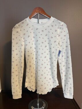 Abound Cream Waffle Knit Long Sleeve Top with Pink Floral Print